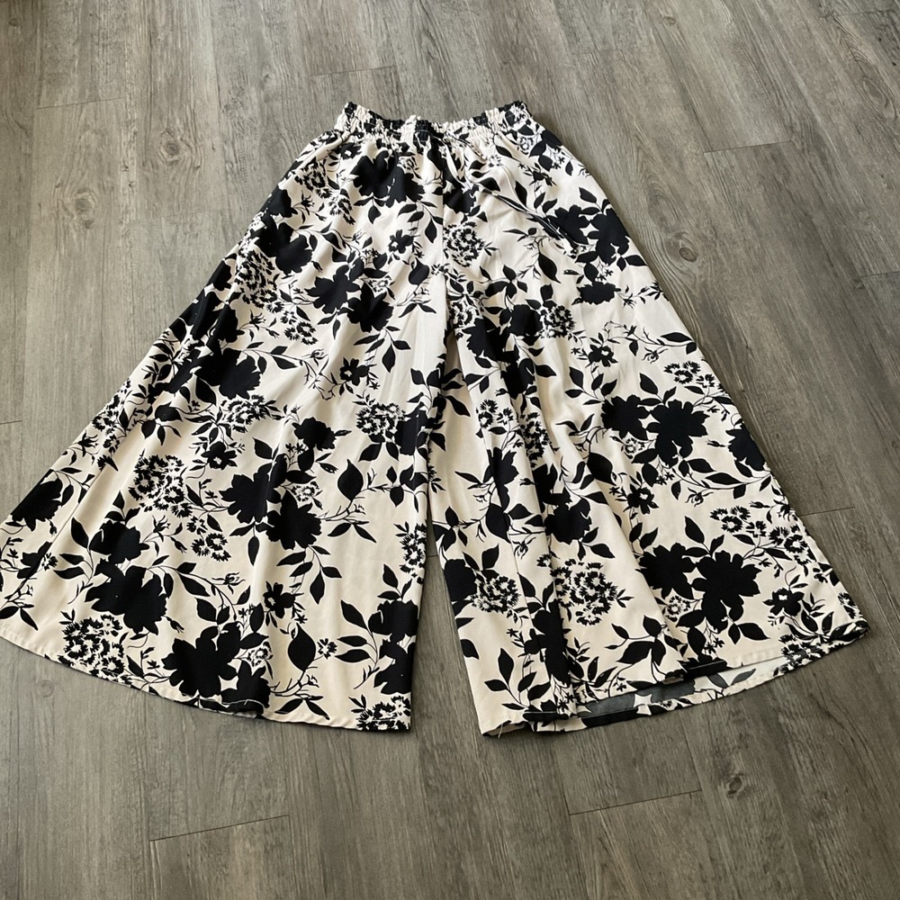Simply Fun Womens Wide Leg Floral Pants Black White Size L